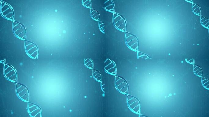 4k环线框DNA分子结构网格在柔和的蓝色背景上。
