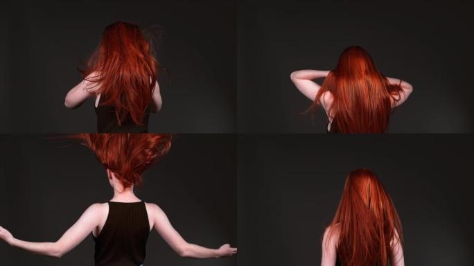 迷人的红发女人翻转她长长的直发。