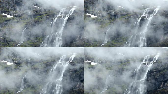 挪威美丽的自然。挪威山区冰川高处的山瀑布。