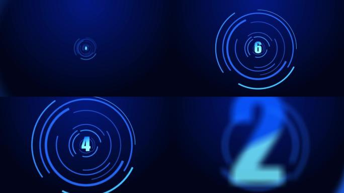 蓝色数字高科技倒计时平视显示器霓虹灯发光倒计时定时器从10到0秒。