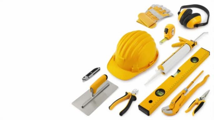建筑施工工具。黄色安全帽，工作设备隔离在白色背景上。家庭服务维修概念或五金店展示横幅的布局。对象的俯