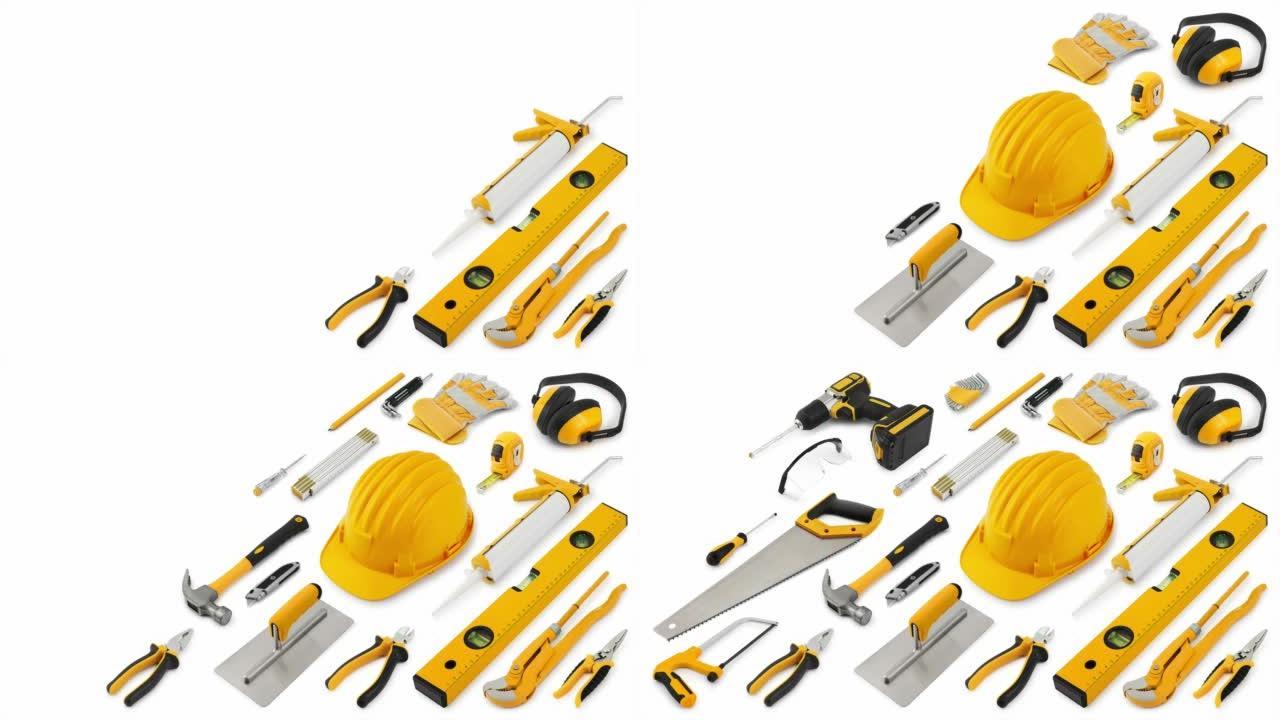 建筑施工工具。黄色安全帽，工作设备隔离在白色背景上。家庭服务维修概念或五金店展示横幅的布局。对象的俯