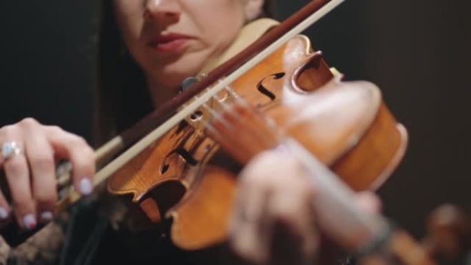 成年妇女在歌剧院或爱乐音乐厅演奏中提琴，女提琴手在音乐厅演奏小提琴