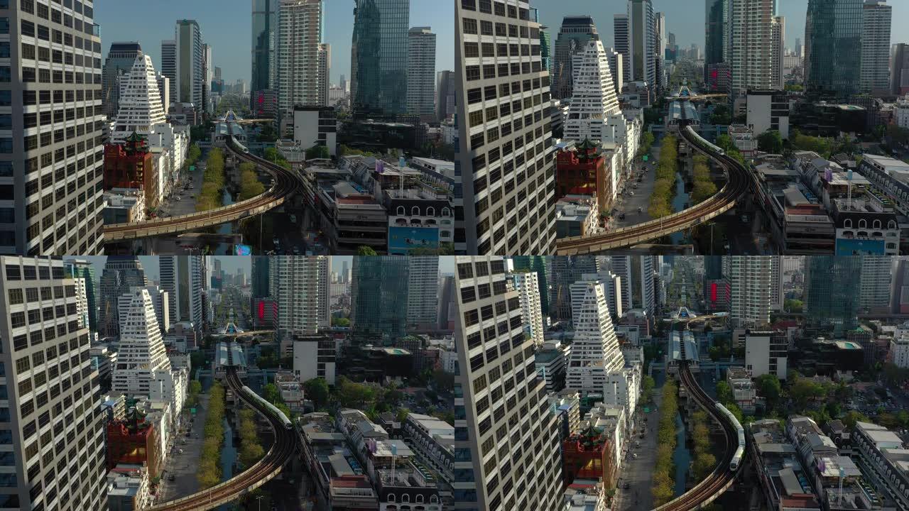 晴天曼谷市中心著名区交通街地铁线站空中全景4k泰国