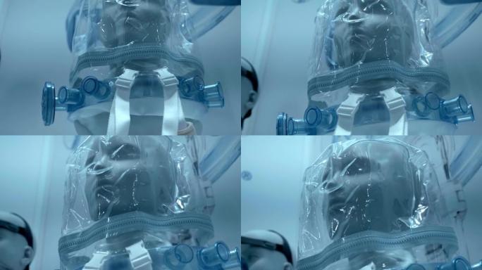 人体模型上带有氧气通道和二氧化碳的医用防护面罩