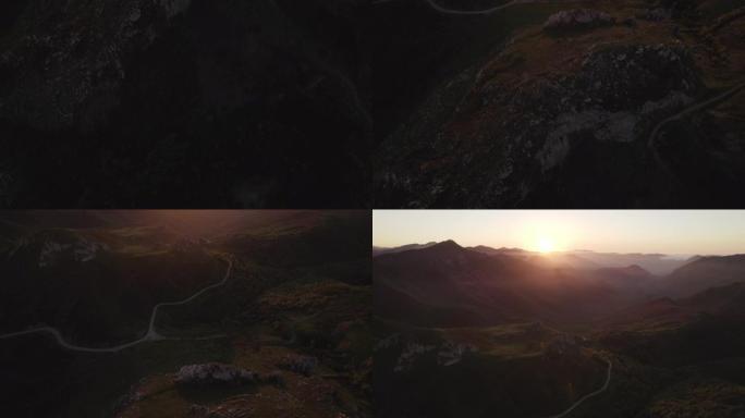 空中无人机拍摄日落时的山脉景观