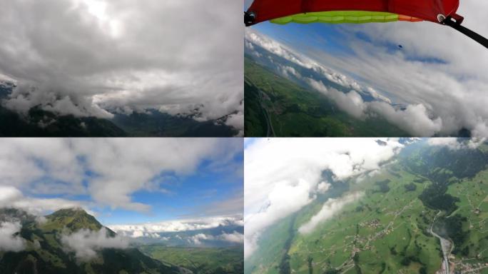 滑翔伞在瑞士山区景观之上的POV