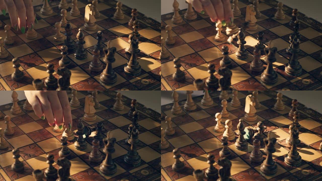 在下棋中走一步。斗智斗勇的战略战术。夺取敌人的棋子