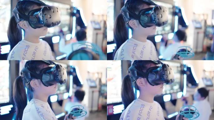 小女孩使用交互式Vr耳机，头昏眼花，享受虚拟现实