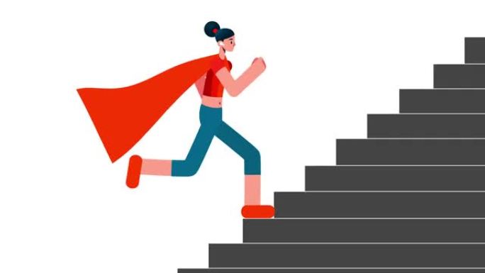 女人超级英雄平角色跑上楼梯。