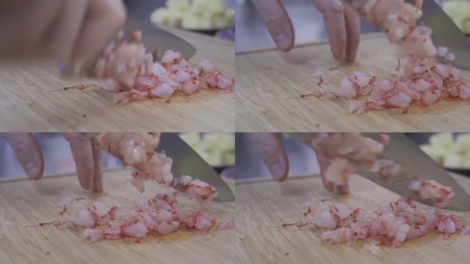 厨师切碎虾的细节照片