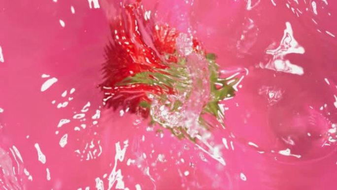 草莓落入溅水的超级慢动作。在高速电影摄影机上拍摄