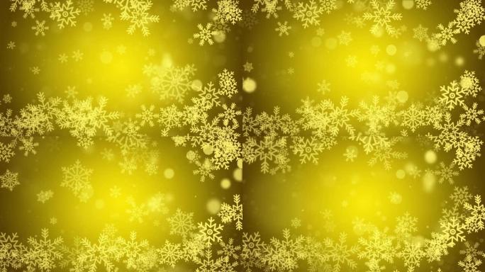 金色落下的雪花雪星尘埃颗粒Bokeh灯循环背景动画。