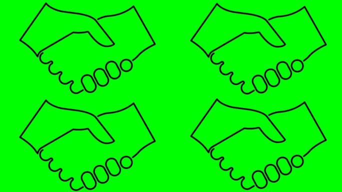 动画黑色握手图标。交易、协议、伙伴关系的概念。孤立在绿色背景上的矢量线性插图。