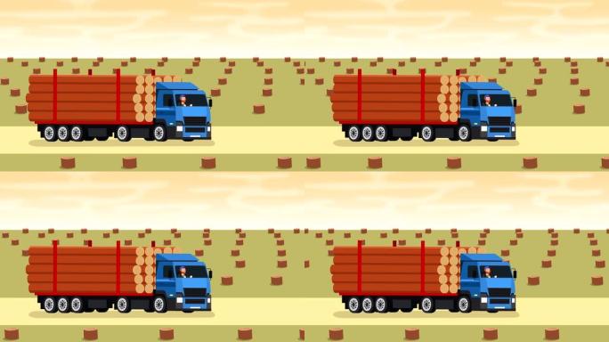 森林砍伐卡通动画平板卡车，带拖车，用于木材运输，带卡车司机的人角色