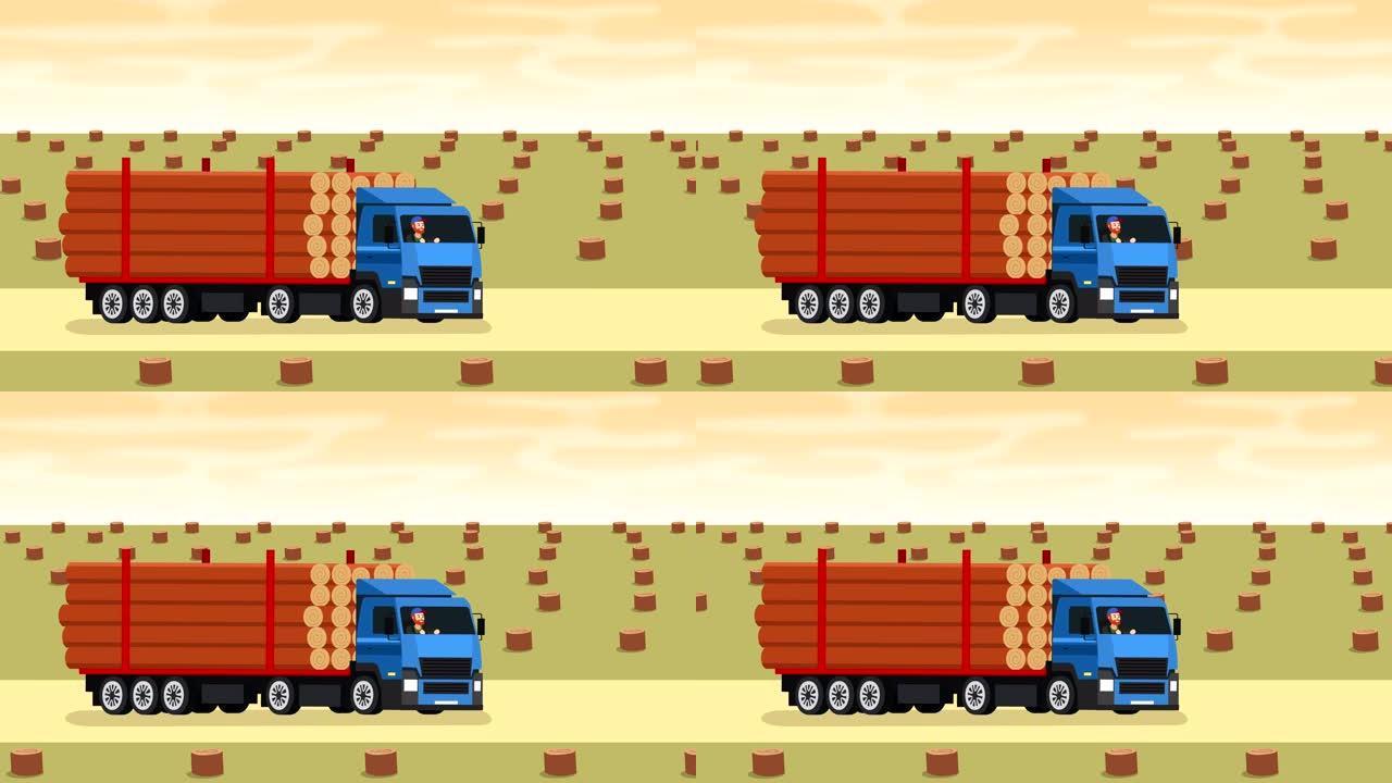 森林砍伐卡通动画平板卡车，带拖车，用于木材运输，带卡车司机的人角色