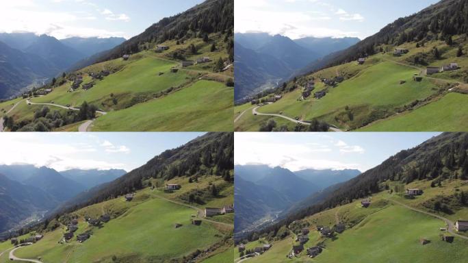 空中无人机拍摄了山区的绿色牧场