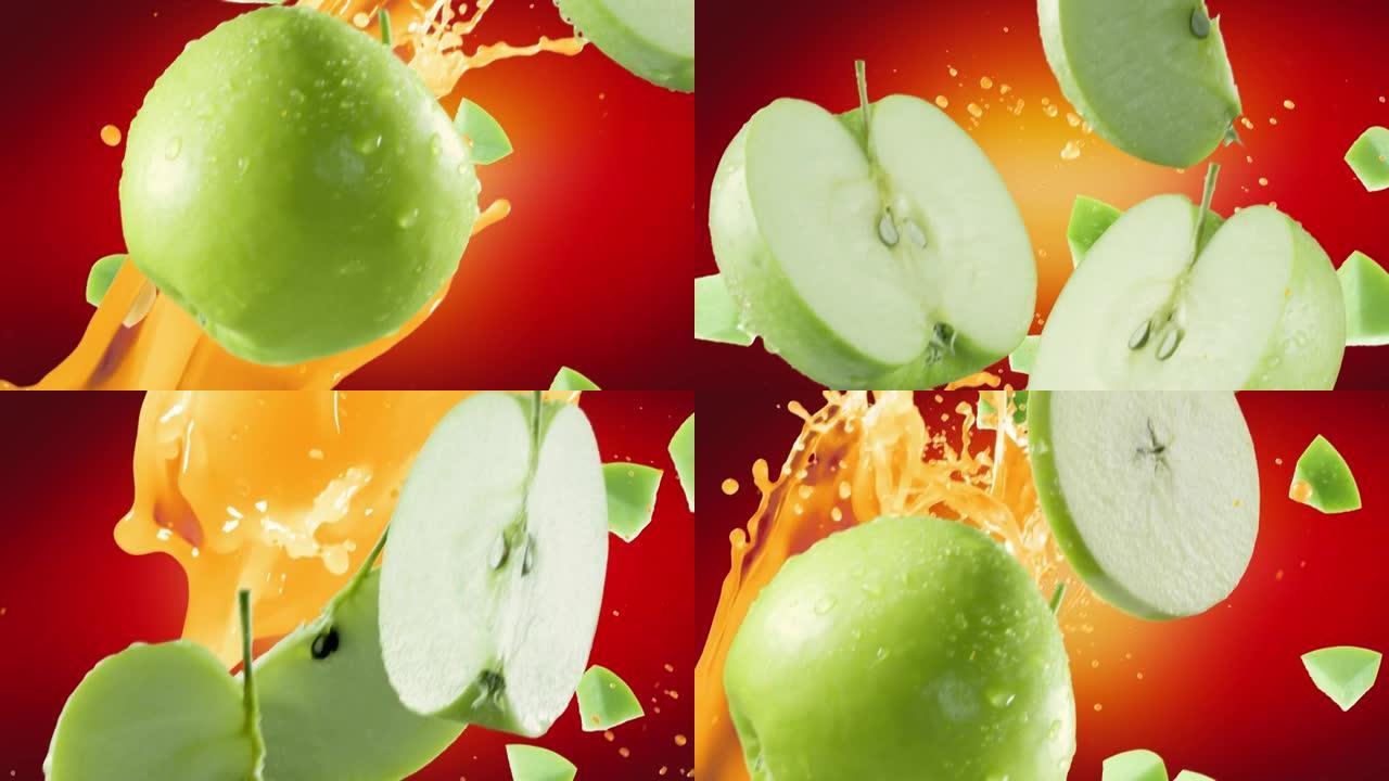 绿色苹果，切片落在红色背景上
