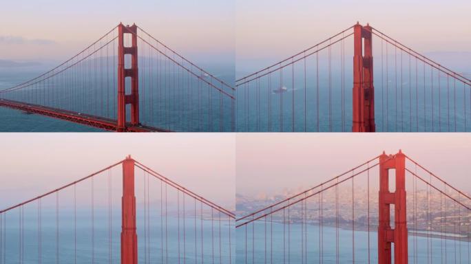 加利福尼亚州旧金山的空中金门大桥，日落时可以看到城市的景色
