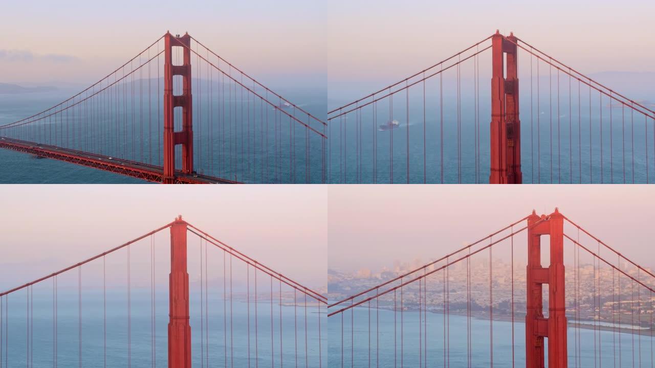 加利福尼亚州旧金山的空中金门大桥，日落时可以看到城市的景色