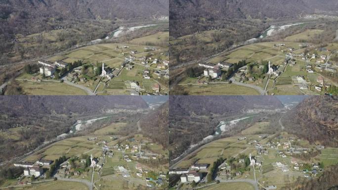 空中无人机拍摄了山区山谷中的一个小镇