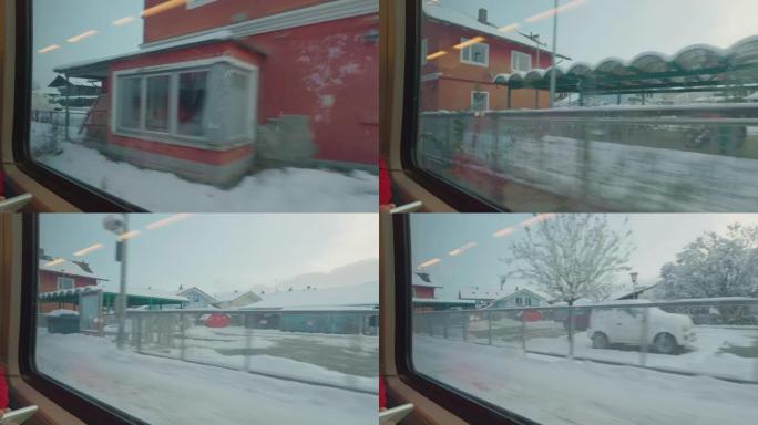 独自旅行的女游客乘坐火车游览瑞士，透过窗户欣赏美丽的全景