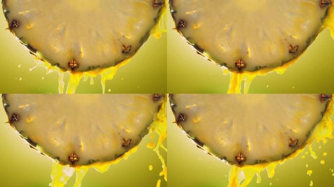 菠萝片中流动的菠萝汁，慢动作微距拍摄