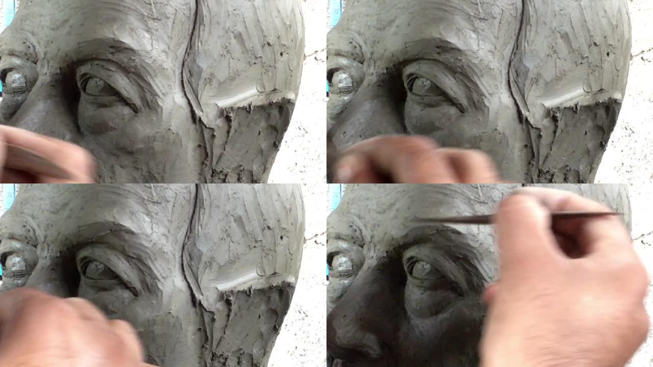 泥塑雕刻，特写手工制作实拍素材