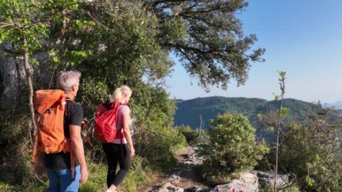 徒步旅行的夫妇沿着绿色山丘的山顶到达