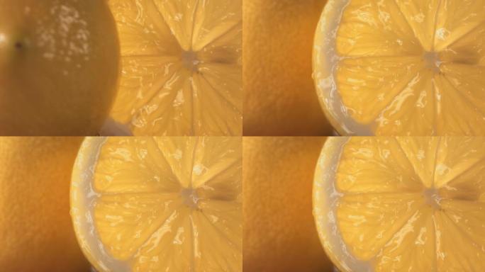 滚动一半的新鲜柠檬，并以慢动作打开水果的内部。4K
