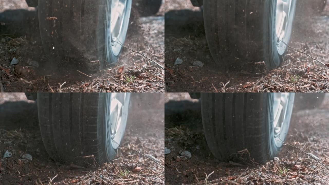 SLO MO汽车轮胎在一个位置旋转时研磨地面