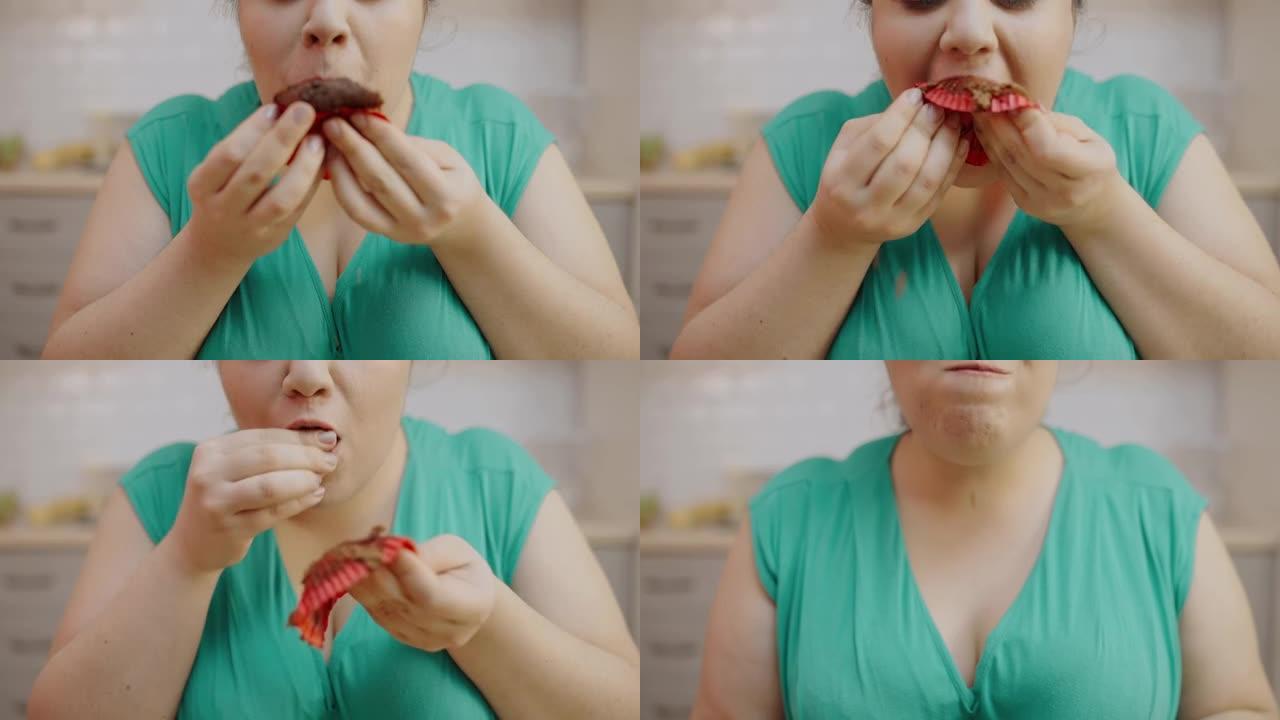 肥胖女性在家吃松饼饮食失调健康问题糖