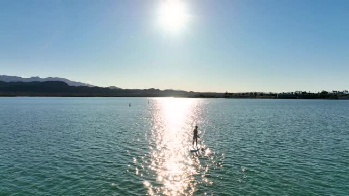 年轻女子在宁静的湖上站起来划水 (SUP) 的鸟瞰图