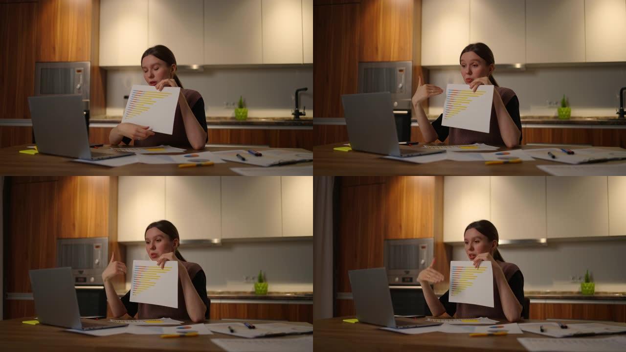 家庭办公室一名年轻女子坐在家中厨房里，用笔记本电脑摄像头拍摄一幅图表。会议演示文件和时间表