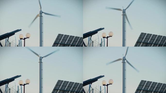 可再生能源发电厂。风力涡轮机和太阳能电池板
