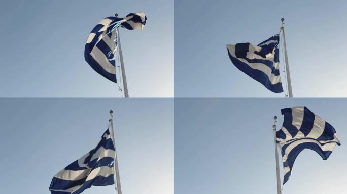 在蓝天上挥舞着希腊国旗: 希腊的暑假