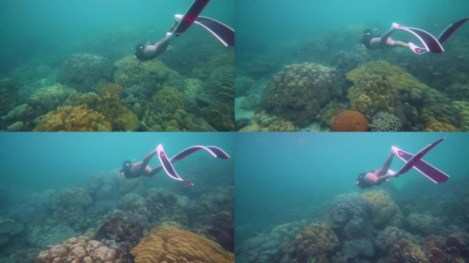 女人潜水海底世界进行探索