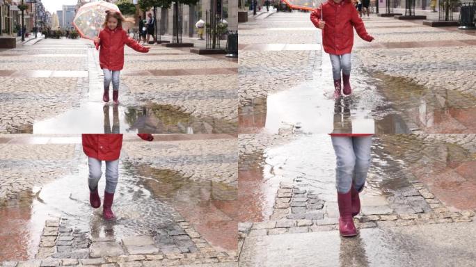 雨后天气在城市人行道上，穿着胶靴的女童腿在水坑中飞溅