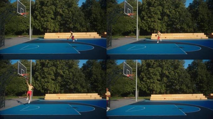 Basketball player practises game to throw ball int