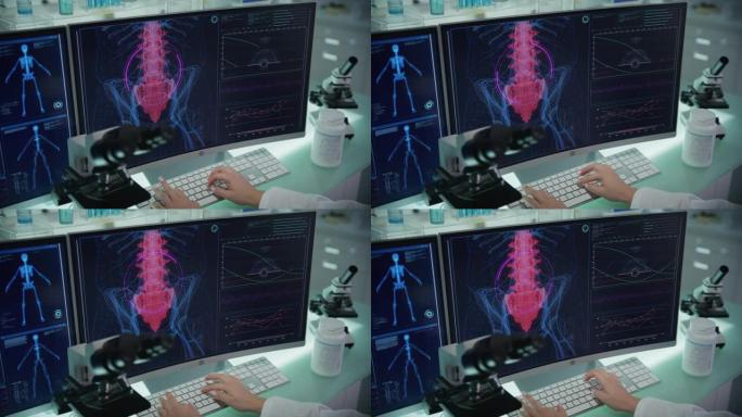 带有计算机和显微镜的实验室。带有动画人体模型的屏幕。科学家扫描虚拟病人受伤。带有红色标记的下脊柱。双