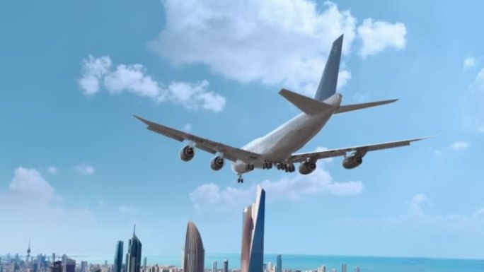飞行和降落科威特的客机。飞机概念