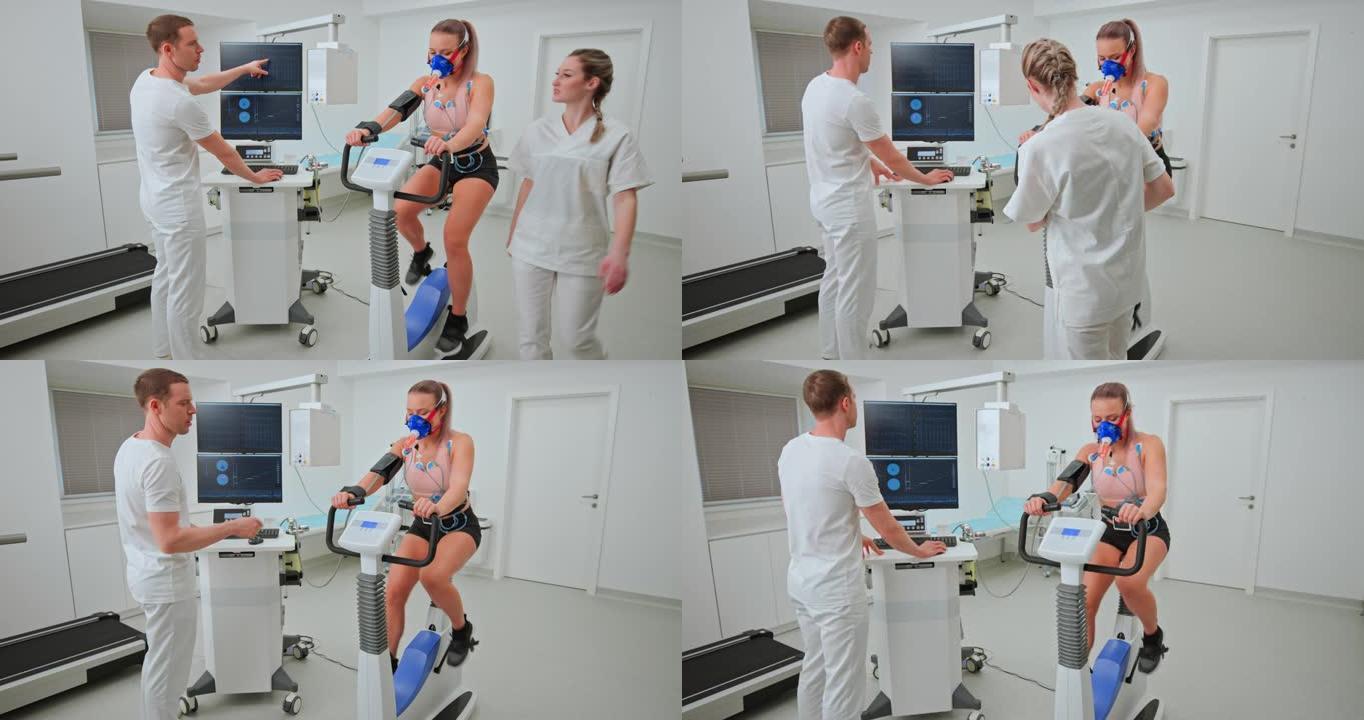 医生指导护士调整女运动员做心肺压力测试的电极
