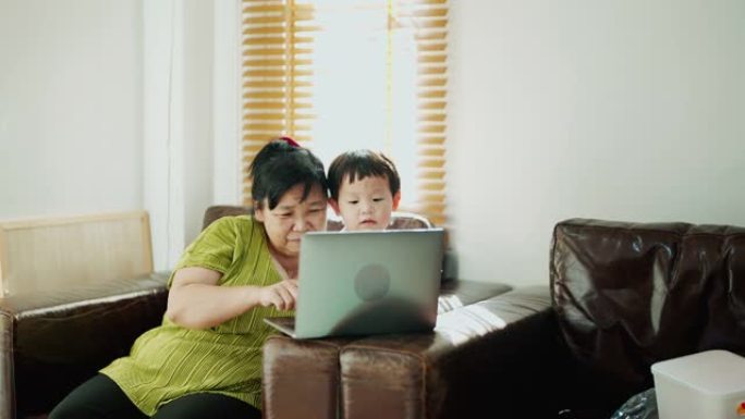 善良的奶奶和孙子一起看网络学习资料。