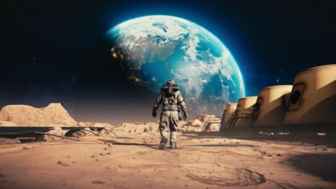 勇敢的宇航员穿着太空服自信地在火星上走向地球。空间站和火星探测器。被岩石覆盖的外星红色星球。