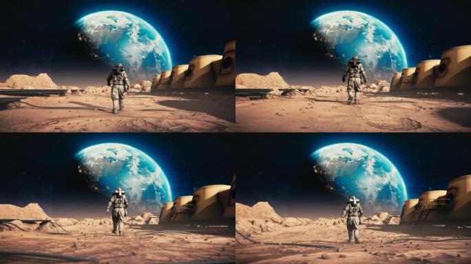 勇敢的宇航员穿着太空服自信地在火星上走向地球。空间站和火星探测器。被岩石覆盖的外星红色星球。