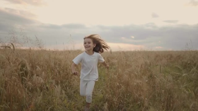 慢动作，一个4-5岁的小女孩在日落时分在田野里奔跑，看着相机快乐而自由。快乐的童年。日落时在田野里奔