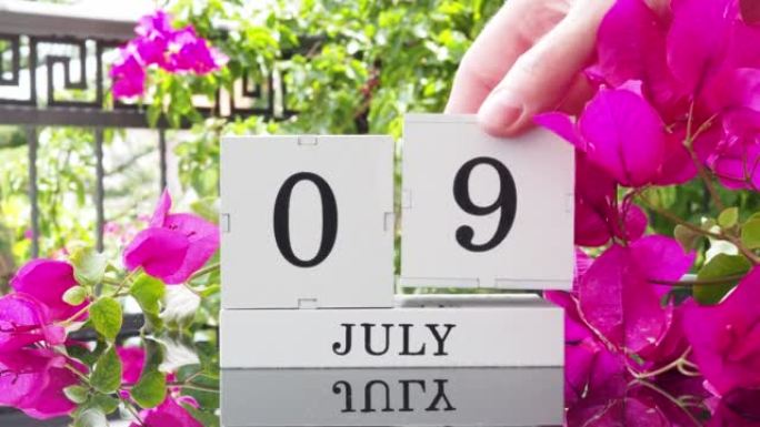 一个木制日历，有一个重要的活动，7月9日在一张有芙蓉花的桌子上，女人的手在日历上设定了日期。将日历翻