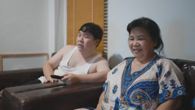 一位老太太和她的儿子在家里看电视