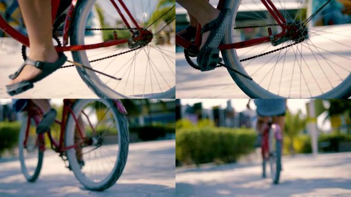骑在沙滩上的自行车轮胎的细节照片