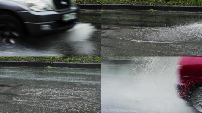 汽车驶入水坑。慢动作。雨水淹没了城市的街道。雨滴落在沥青上，暴风气候问题全球变暖